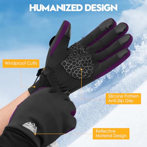 Bruvoalon Winter Gloves for Women & Men, 3M Thermal Insulation, Lycra Fabric, Touchscreen, Anti-Slip - color: Black/Purple, size: X-Small