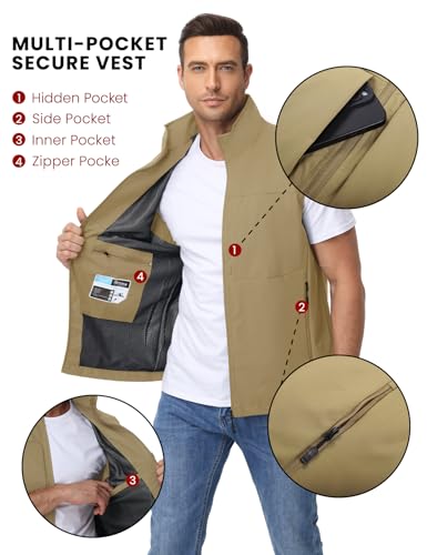 Eisctnd Mens Lightweight Quick Dry Vest Sleeveless Outdwear Utility Jacket | Utility Sleeveless Vest with Multi Pockets, Outerwear Hiking Fishing Photography Camping Travel Outdoor - color: Khaki, size: Large