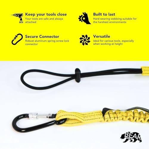 BearTOOLS Tool Lanyard with Buckle Strap – Clip Bungee Cord – Heavy Duty Screw Locking Connector – Fall Protection and Safety – Adjustable Loop End – Tough Tether – Construction - 0923YS (3 Pack) - size: 3-pack
