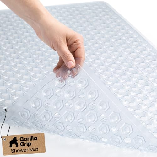 GORILLA GRIP Patented Bath Tub Shower Mat, Machine Washable Bathtub Floor Liner Mats, Suction Cups and Drain Holes to Keep Tubs Clean, Soft on Feet, Bathroom Essentials, 35x16 Inch, Clear