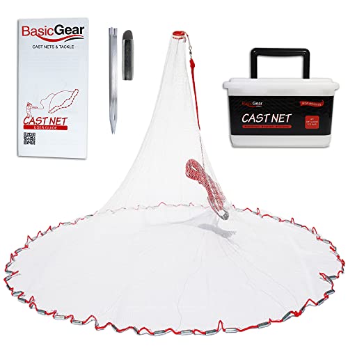 BasicGear Cast Net | 3ft-12ft Radius, 3/8 or 1/4 inch Mesh for Freshwater and Saltwater Bait Fish| Professional Grade and Upgraded Material | Throw Style - size: 5ft Radius, style: Zinc Iron, 3/8" Mesh