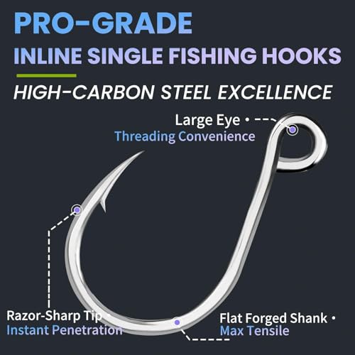 Natufish Inline Single Hooks 25Pcs for Treble Hook Replacement | Fishing Inline Hooks High Carbon Steel Large Eye Sharp Point Corrosion Resistant 8#-5/0# for Hard Lures Saltwater Freshwater - size: 8#_25pcs