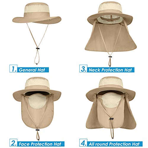 IYEBRAO Mens Outdoor Sun Hat with Face Neck Flap UV Protection Wide Brim Fishing Hat for Hiking Safari Gardening UPF 50+ - color: 2 Pack-dark Gray＆khaki