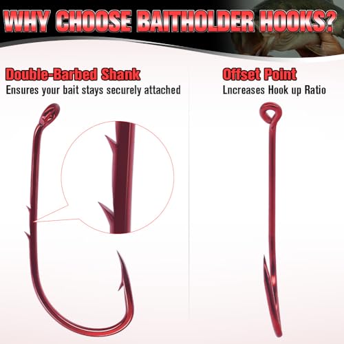 Baitholder Fishing Hooks 100 Pack - Double-Barbed Long Shank for Bluegill Bass Trout Walleye Black/Red, 8/0-#8 - color: 1-Red, size: 3/0 100-Pack