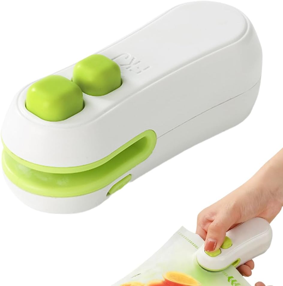 Mini Bag Sealer, 2-in-1 Heat Sealer and Cutter with Magnet, Portable USB Rechargeable Bag Resealer for Chip Bags, Snacks & Food Storage, Handheld Chip Bag Sealer (White)