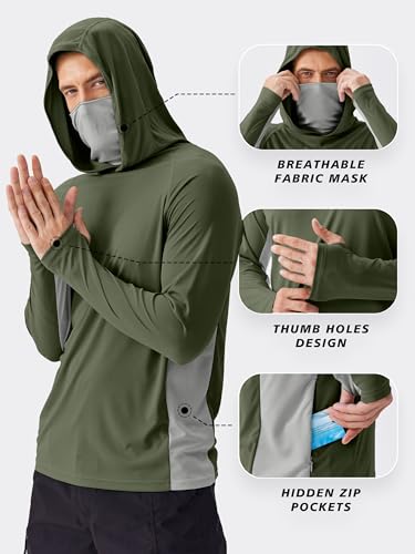 PINSPARK Men's Sun Protection Hoodie with Mask UPF 50+ UV Long Sleeve Shirt Men Rash Guard Performance Fishing Hiking Shirt - color: Army Green, size: Small