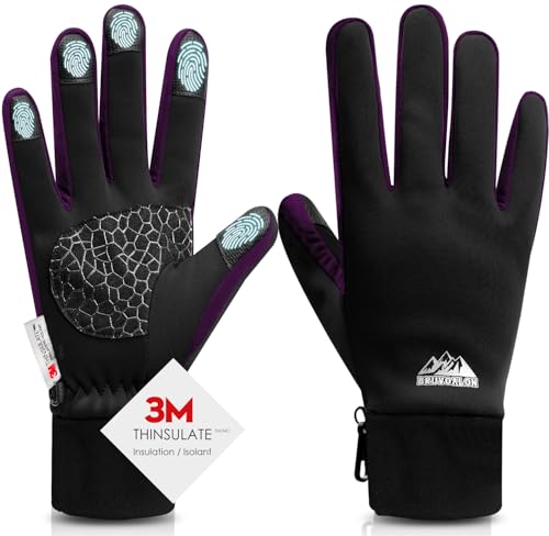 Bruvoalon Winter Gloves for Women & Men, 3M Thermal Insulation, Lycra Fabric, Touchscreen, Anti-Slip - color: Black/Purple, size: Small