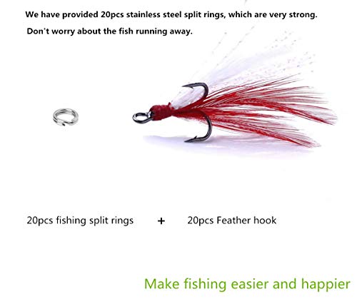 Fishing Treble Hooks Feather Dressed: 20pcs/Box Feathered Treble Hook Size 2 4 6 8 with Split Rings Replacement for Fishing Lure Spinner Spoon Crankbait Making - color: Red and White, size: 2#