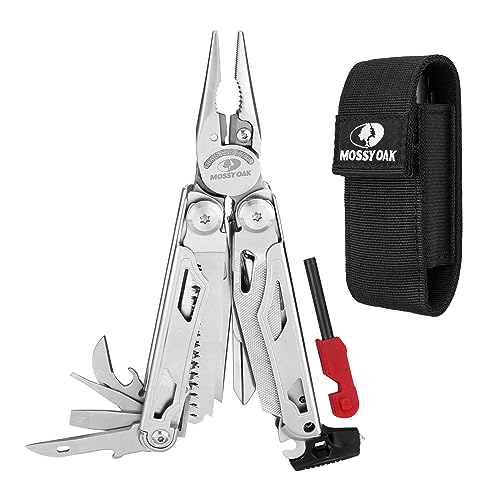 MOSSY OAK 19-in-1 Multitool Pliers Stainless Steel Self-Locking | Includes fire starter, window breaker, whistle, and sheath for camping, hiking, survival, and outdoor adventures - style: 19-in-1 Self-Locking EDC Tool