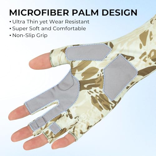 KastKing Agies Fishing Gloves Men, UPF 50+ Sun Gloves UV Protection, Cooling Quick-Dry 3/4 Fingerless Gloves with Extended Cuff, Microfiber Palm & Pull Tabs, for Fishing, Kayaking, Hiking, Hunting - color: X Camo-Neutral, size: Small-Medium