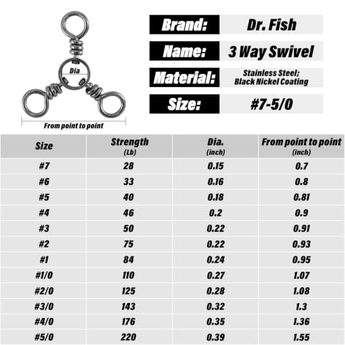 Dr.Fish 50 Pack 3 Way Swivel Fishing Tackle 30-220Lb Catfish Swivels Three Way Rigs Freshwater Saltwater Catfish Tackle - size: #3(50Lb)-50 Pack