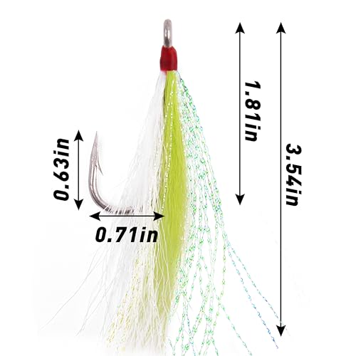 Bucktail Teasers Fishing Hooks Saltwater Flounder Rig Bucktail Mylar Teasers Inserted Stainless Steel Fishing Teaser Hooks for Striped Bass Trout Catfish Cod Flounder Hi/Lo Rig Jigs Spoons Lures - color: Green, size: 6pcs