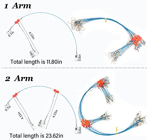 YOTO Fishing Leaders,Saltwater Tackle Rig with Swivels Snap, High-Strength Fishing Wire Gear Equipment for Lures Bait Or Hooks,1Arm and 2Arm - color: Blue Stainless Steel Leaders, style: 1arm，24pack