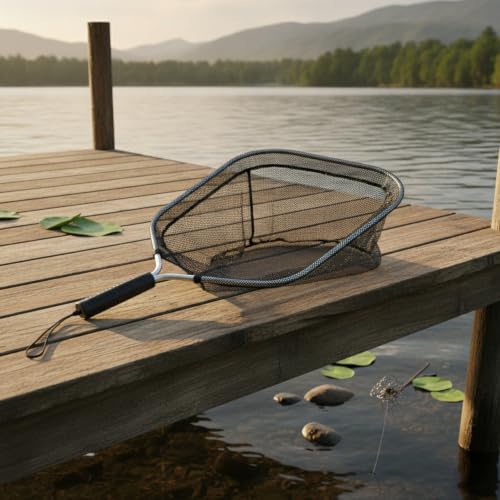 Rubber Mesh Landing Net Head Replacement, Aluminum Alloy Frame for Freshwater Fishing, Smooth Hook Release - size: 13.78 x 11.81 x 11.42"