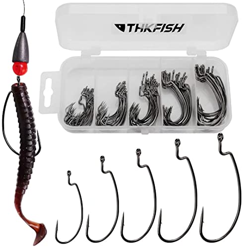 THKFISH 50pcs/100pcs/box Offset Worm Hook Fishing Hook Set Dropshot Hook Set Rubber Fish Jigs Fishing Kit # 2# 1 1/0 2/0 3/0 - color: B-EWG-Offset Worm Hooks, size: five sizes-100pcs