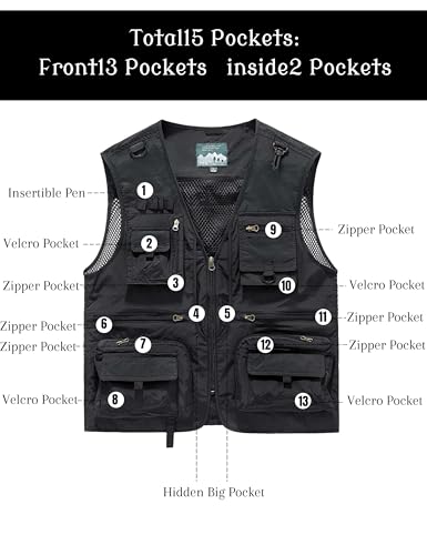Men's Lightweight Mesh Fishing Vest Utility Outdoor Multi-Pocket Hunting Cargo Vest - color: Black, size: XX-Large