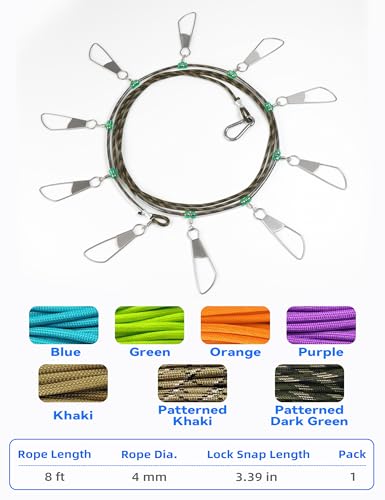 BLUEWING V2 Fishing Stringer Fish Keeper with 10 Stainless Steel Lock Snaps and 8ft Floating Rope - color: Patterned Khaki