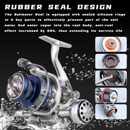 Saltwater Spinning Reel,13+1BB Ultra Smooth Saltwater Fishing Reels,Powerful Carbon Drag,CNC Aluminum Spool & Handle - color: silver&blue, size: 3000