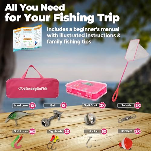 DaddyGoFish Kids Fishing Pole - Rod Reel Combo Tackle Box Starter Set - First Year Small Gear Kit for Boys Girls Toddler Youth Age Beginner Little Children - color: Pink (Essential Set), size: 5ft