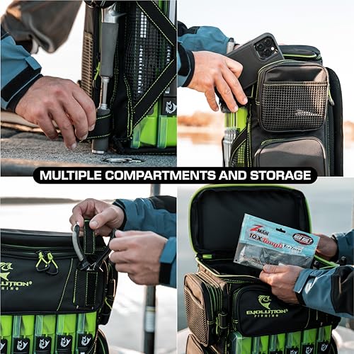 Evolution Fishing Drift Series Tackle Backpack, Outdoor Rucksack w/ 6 Fishing Tackle Trays, Heavy Duty - color: Green, size: 3700