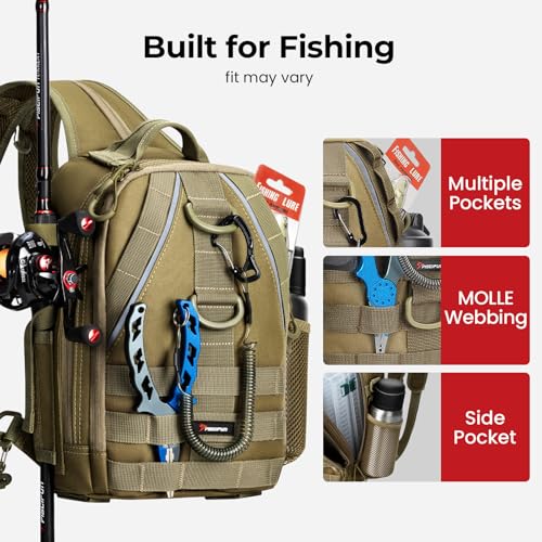 Piscifun Fishing Backpack with Rod Holder, Lightweight Sling Bag Storge Gear and Equipment - color: Khaki, size: Standard, style: Urban