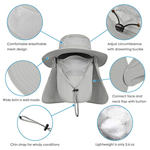IYEBRAO Mens Outdoor Sun Hat with Face Neck Flap UV Protection Wide Brim Fishing Hat for Hiking Safari Gardening UPF 50+ - color: 2 Pack-light Gray＆light Gray