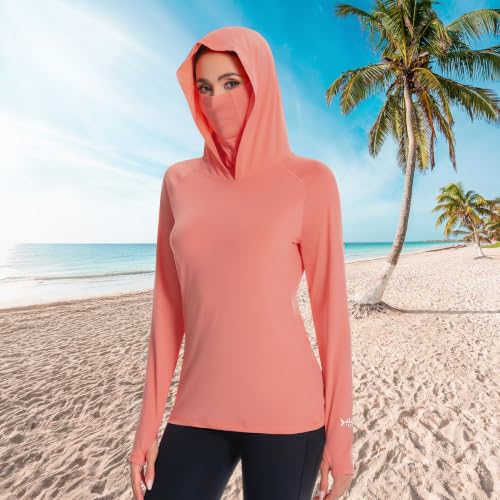 BASSDASH Women’s UPF 50+ Hoodie Shirt with Breathable Face Mask - color: Peach Amber, size: Medium