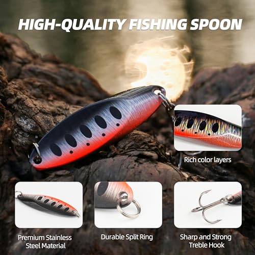 Jigging Spoon Fishing Lures, Slant Cut Metal Spoon with Glow, High Flash, Sharp Treble Hooks, Precision Wobble for Bass, Trout, Pike & Walleye - color: New10PCS, size: 3/4oz
