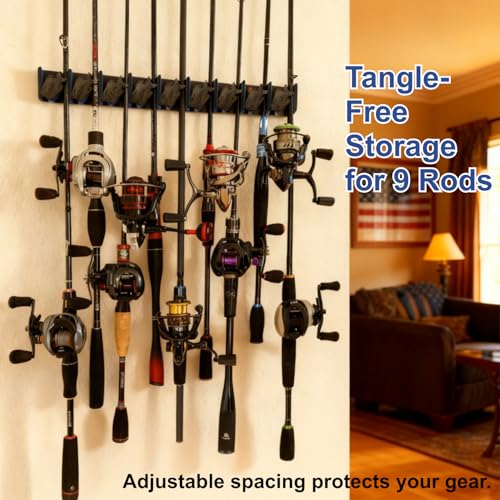 Vertical Fishing Rod Storage Rack Wall Mounted Pole Holder Rack Holds 9 Rods Combos Black - color: Black