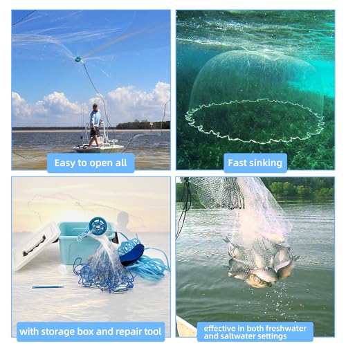 Cast Net for Bait Trap Fish,1/2 Inch Mesh Size | Throw Nets,Zinc Sinker Weights,Freshwater & Salt Water,3/4/5/6/8/9/10 Ft - size: 3ft Radius