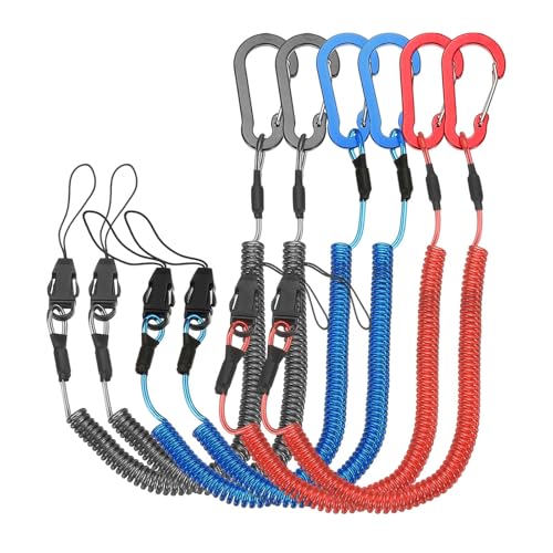 PATIKIL Coiled Lanyards with Buckle Retractable Safety Ring and Quick Release Detachable Buckle for Fishing Equipment - color: Black/Red/Blue, size: 59 Inch