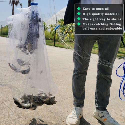 Drasry Saltwater Fishing Cast Net 3/8 and 1/4 Mesh with Heavy Duty Gray Sinker American Monofilament Fish Throw Net for Bait Trap 3FT 4FT 5FT 6FT 7FT 8FT 9FT Radius - size: 4FT Radius, style: 3/8 Mesh 0.6 Lb/Ft