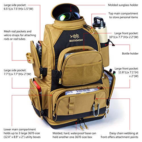 BASSDASH Fishing Tackle Backpack Water Resistant Tactical Bag Soft Tackle Box with Rod Holder and Protective Rain Cover - color: British Khaki Backpack [3670] With 4 Trays