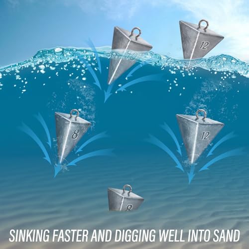 Alwonder Pyramid Sinkers Lead Fishing Weights for Surf Pompano Catfishing | Pyramid Weights 1oz-2LB Saltwater Freshwater Fishing Sinkers No-Roll Triangle Inshore Ocean Beach Casting Bottom Pier Fishing - size: 12oz-4 Pack