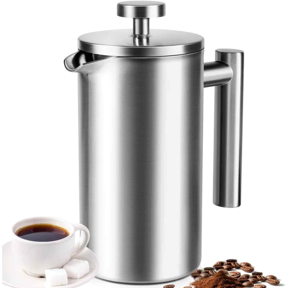 French Press 34 oz, Full Stainless Steel French Press Coffee Maker 4 Cups, Upgrated Double-Walled Insulated French Coffee Presses, Food Grade Good for Kitchen Camping, Dishwasher Safe 2 More Filters