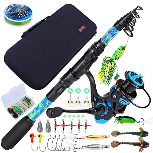 Sougayilang Telescopic Fishing Rod and Reel Combo – Full Kit with Carrier Bag, 11+1 Bearings Spinning Reel, Carbon Fiber Travel Pole for Bass, Trout, Catfish, Redfish – Saltwater Freshwater - color: Blue Full Kit with Carrier Case, size: 8.9 ft