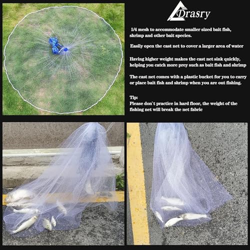 Drasry Saltwater Fishing Cast Net for Bait 3/8 1/4 or 1/2 with Heavy Sinkers Fish Trap Throw Net. Size 3ft/4ft/5ft/6ft/7ft/8ft/9ft/10ft Radius Freshwater Nets - size: 3FT (90cm) Radius, style: 1/4 Mesh Lead Sinkers-mono