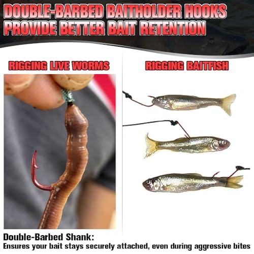 Baitholder Fishing Hooks 100 Pack - Double-Barbed Long Shank for Bluegill Bass Trout Walleye Black/Red, 8/0-#8 - color: 1-Red, size: 3/0 100-Pack