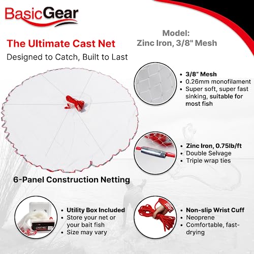 BasicGear Cast Net | 3ft-12ft Radius, 3/8 or 1/4 inch Mesh for Freshwater and Saltwater Bait Fish| Professional Grade and Upgraded Material | Throw Style - size: 4ft Radius, style: Zinc Iron, 3/8" Mesh