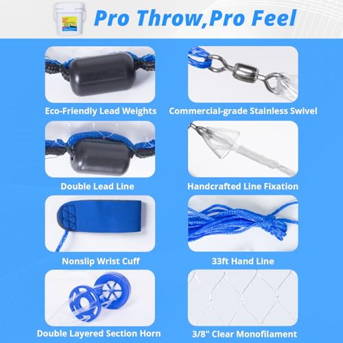 1.3 lbs/ft Fishing Cast Net with Eco-Friendly Lead Weights, 3/8inch Mesh Size, Throw Nets for Freshwater & Saltwater, 4/6/8/10/12 Ft Radius Casting Net - ProCast Series - size: 10-ft radius
