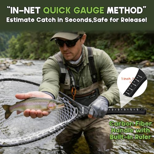 Riverruns Fly Fishing Landing Net Carbon Fiber Trout Net with Measurement Handle, Soft Rubber Mesh - 26" Standard (Wading) / 37" Long (Kayak) - color: 26" Wading Net (Standard) - Green Carbon
