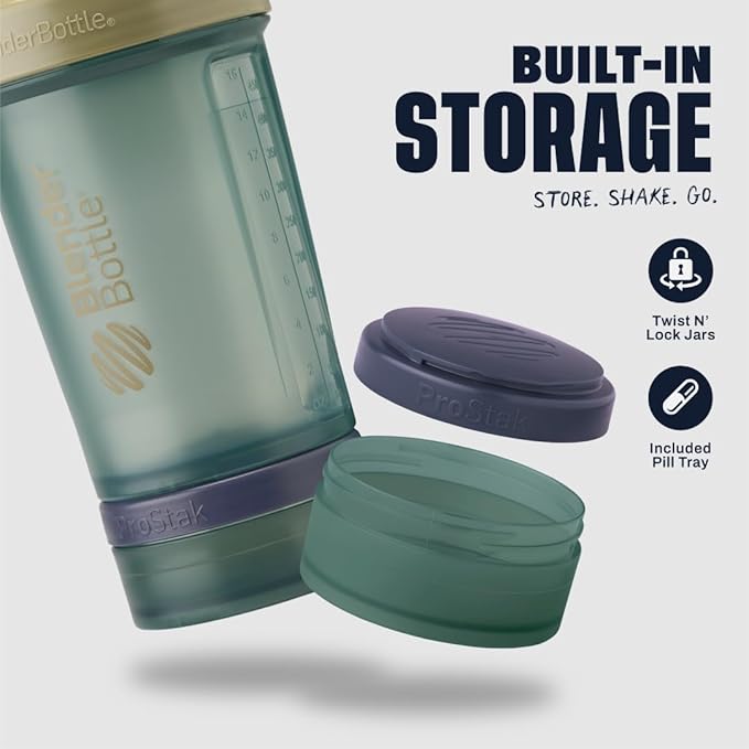 BlenderBottle Shaker Bottle with Pill Organizer and Storage for Protein Powder, Classic V2 ProStak System, 22-Ounce, Tan