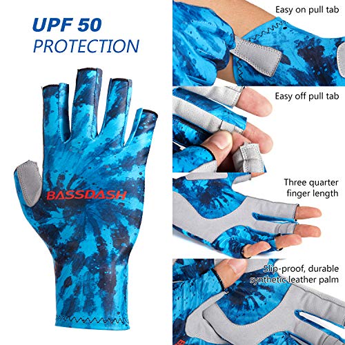 Bassdash ALTIMATE UPF 50+ Sun Protection Fingerless Fishing Gloves Men - color: Blue Camo, size: Large