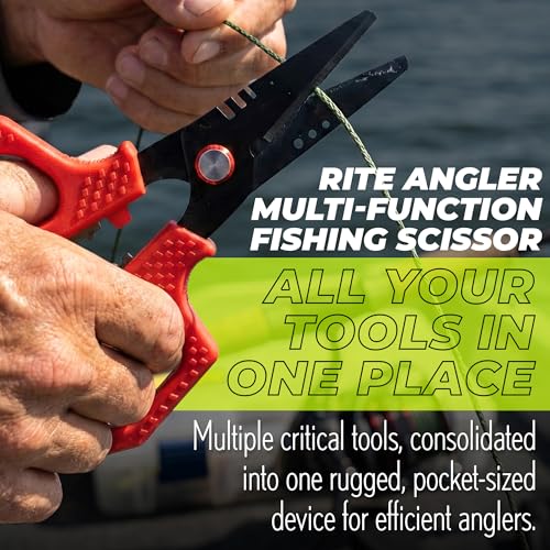 Rite Angler Multi-Function Fishing Scissors with Fishing Line Cutter & Braided Line Cutter - Hook Remover, Split Ring Tool, Braid Scissors, Crimping, Bottle Opener, Non-Slip Grip - 6"