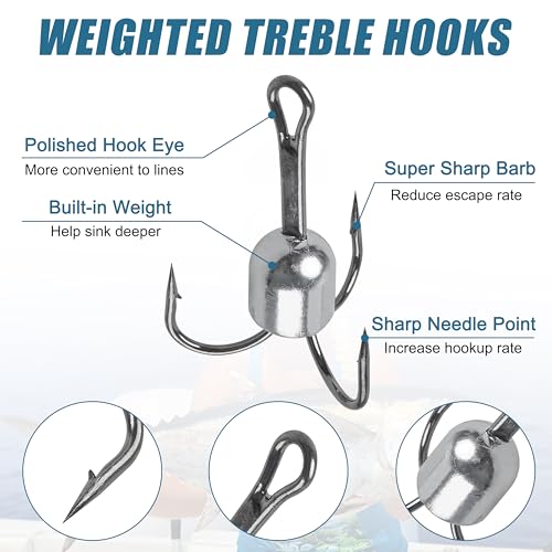 Snagging Hooks Snagging Weighted Treble Hooks 5pcs Large Weighted Fishing Hooks for Baitfish Tuna Swordfish Trout Salmon Fishing 4 Sizes 1oz 1.25oz 1.5oz 2.5oz - size: 6/0-1.25oz-5pcs