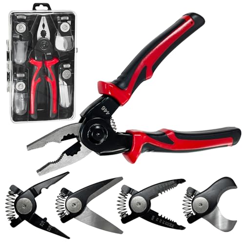 5 in 1 Pliers Set with 5 Interchangeable Tool Heads - Wire Stripper, Crimping Plier, Cable Cutter, Electrician Scissors, Linesman Plier - Ergonomic 8 Inch Handle with Storage Case