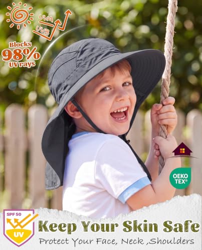 Home Prefer UPF50 Wide Brim Kids Sun Hat Neck Flap Boys Girls Sun Protection Hat for Beach Fishing - color: Dark Grey, size: 4-8 Years
