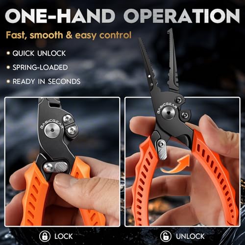 BasicGear Fishing Pliers, 17-4 PH Stainless Steel Saltwater Pliers, Braid Cutter, Split Ring Tool, Corrosion Resistant, One-Hand Operation (6.3" Compact (Light Fishing) - Black) - size: 6.3" Compact (Light Fishing) - Black