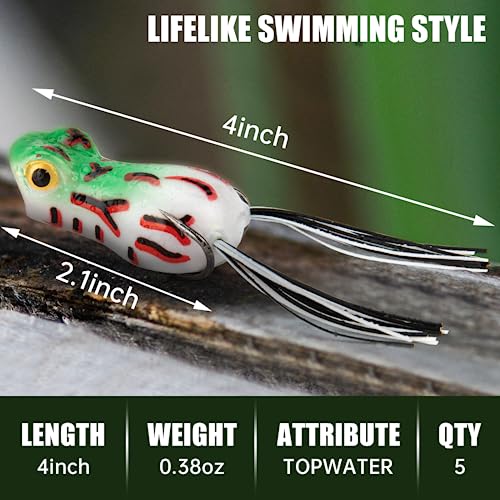 Syosisny 5pcs Topwater Frog Lure Set with Weedless Hooks, Soft Fishing Lures with Realistic Design, Perfect for Bass Fishing