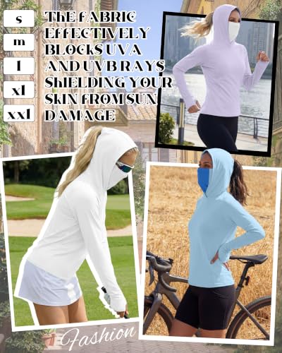 Xaatren 3 Pack Women's UPF 50+ Sun Hoodies with Face Mask Thumb Holes Quick Dry Fishing Shirts UV Protection Hiking Shirt - color: Purple, Blue, White, size: Medium